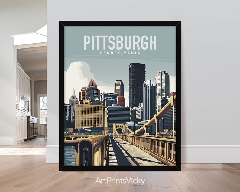 Pittsburgh Poster, Inspired Retro Travel Art Prints, in Earthy Tones, Featuring the city's aesthetic and its architecture landmarks, Sophisticated wall art for homes, offices, and unique gifts, Framed, Unframed or Canvas | ArtPrintsVicky