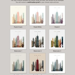 a collection of 18 color schemes, each featuring a different style and color palette of New York City skyline art. The color schemes include pastel cream, pastel white, pastel 2, watercolor 1, watercolor 2, watercolor 3, earth tones 1, earth tones 2, and earth tones 4.