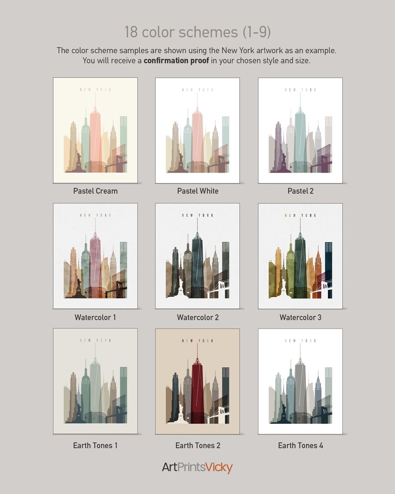 a collection of 18 color schemes, each featuring a different style and color palette of New York City skyline art. The color schemes include pastel cream, pastel white, pastel 2, watercolor 1, watercolor 2, watercolor 3, earth tones 1, earth tones 2, and earth tones 4.