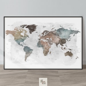 World Map Wall Art Large World Map Poster Detailed Map Canvas Wall Map Print Framed Personalised Map ArtPrintsVicky Warm Tones