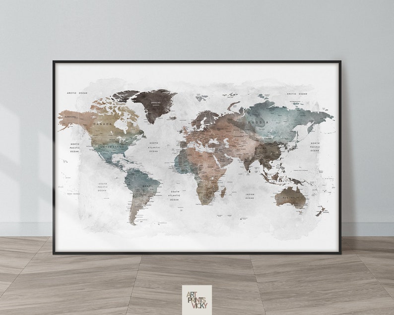 World Map Wall Art Large World Map Poster Detailed Map Canvas Wall Map Print Framed Personalised Map ArtPrintsVicky Warm Tones