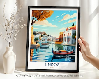 Lindos Travel Poster, Rhodes Greece Print, Wall Art Home Decor, Unique Gift