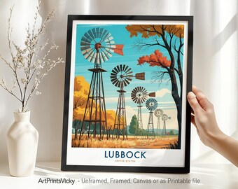 Lubbock TX Travel Poster | Lubbock Cityscape Art Print | Windmills Wall Art for Home Office Decor or Gift