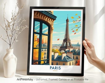 Paris Travel Print, Paris Poster Wall Art, Eiffel Tower Art, Retro Cityscape, Wall Hanging Decor for Home or Office, Housewarming Gift