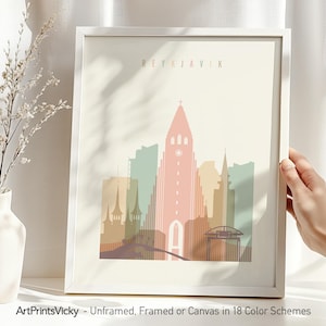 Stampa dello skyline di Reykjavik / Arte murale islandese / Chiesa di Hallgrímskirkja / Poster di città nordiche / Regalo da viaggio / Colori multipli / ArtPrintsVicky