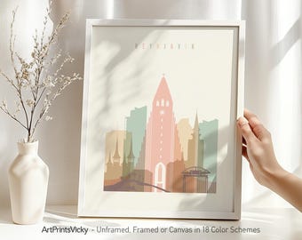 Reykjavik Skyline Wall Art Poster Framed, Unframed or Canvas in 18 Colour Schemes