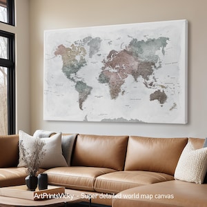 Weltkarte Wandbild in neutralen Tönen, große Aquarell Weltkarte, 120x32 oder 60x40 Zoll, Haus oder Büro Bild von ArtPrintsVicky