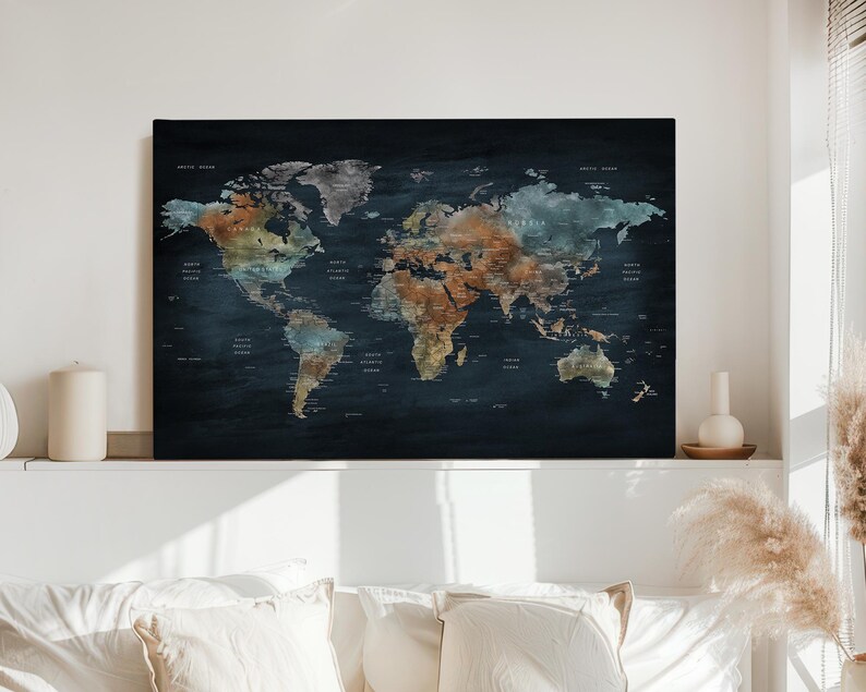 Watercolor World Map Poster - Framed or Canvas Wall Art Print - Etsy UK