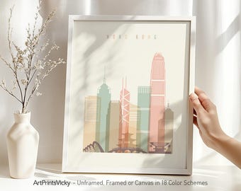 Hong Kong print, poster skyline, wall art for home and office, Travel gift, pastel city print | ArtPrintsVicky