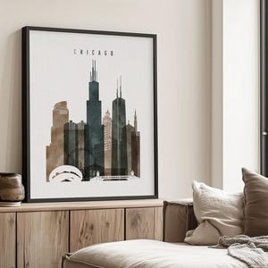 Chicago Modern Wall Poster in Earthy Watercolors, Vertical, Framed, Unframed or Canvas | ArtPrintsVicky