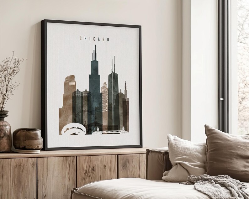Chicago Modern Wall Poster in Earthy Watercolors, Vertical, Framed, Unframed or Canvas | ArtPrintsVicky