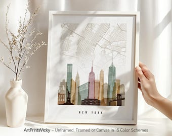 New York Map Print, NYC Map Poster, Manhattan Skyline, ArtPrintsVicky | ArtPrintsVicky