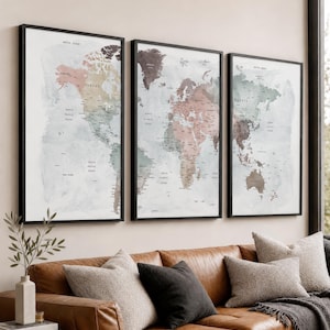 World Map 3 Piece Wall Art Prints, Poster set, Triptych