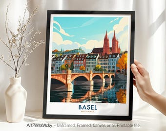 Basel Travel Poster - Switzerland Print Skyline | Cityscape Illustration Wall Art for Home or Office