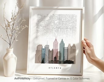 Atlanta Map & Skyline Art Print in Distressed | ArtPrintsVicky