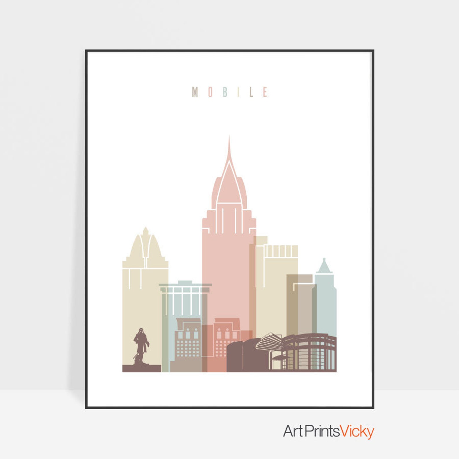 Mobile Alabama art Mobile skyline poster Travel decor City Etsy