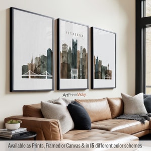 Pittsburgh 3 Piece Wall Art Prints, Pittsburgh Skyline Poster Set | ArtPrintsVicky