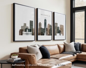 Indianapolis 3 Piece Wall Art Prints, Indianapolis Skyline Poster Set | ArtPrintsVicky