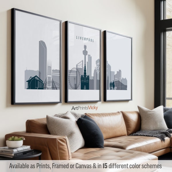 Liverpool 3 Piece Wall Art Prints, Liverpool Skyline Poster Set | ArtPrintsVicky