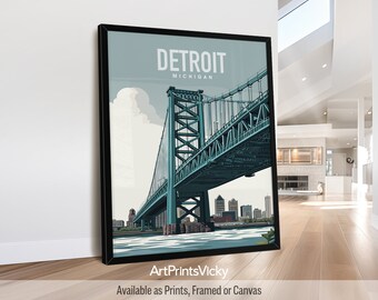 Detroit Poster, Ambassador Bridge Travel Print, Michigan Wall Art, Decor for Homes, Offices, and Unique Travel Gifts | ArtPrintsVicky