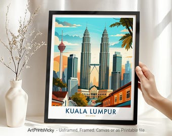 Kuala Lumpur Travel Print Wall Art – Malaysia | Kuala Lumpur Skyline Poster | Cityscape Illustration for Home Office Decor or Gift