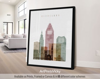 Cleveland City Skyline Wall Art Print Posters, Framed & Canvas - From Minimalist Pastel to Watercolors - 5x7" up to 36x48" | ArtPrintsVicky