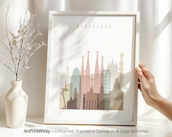 Barcelona Skyline Print | Spain Wall Art Posters | Sagrada Familia | Gaudi Architecture | Travel Gift | Multiple Colors | ArtPrintsVicky