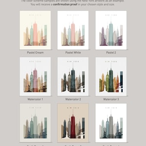 a collection of 18 color schemes, each featuring a different style and color palette of New York City skyline art. The color schemes include pastel cream, pastel white, pastel 2, watercolor 1, watercolor 2, watercolor 3, earth tones 1, earth tones 2, and earth tones 4.