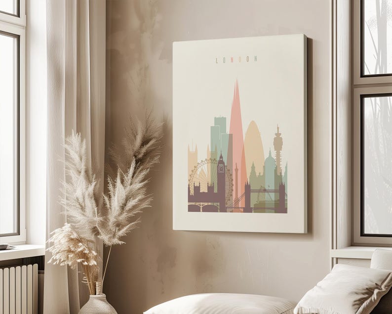 London Modern City Print in Warm Pastels, Vertical, Framed, Unframed or Canvas | ArtPrintsVicky
