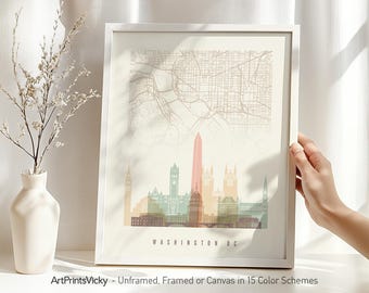 Washington DC Wall Art Print: Map & Skyline Poster in Pastel | ArtPrintsVicky