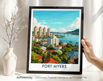 Fort Myers Travel Print – Florida | Fort Myers Skyline Poster | Wall Art for Home Office Decor or Gift