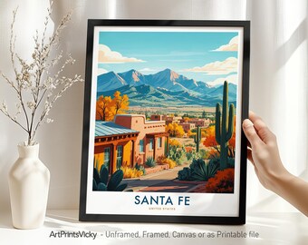 Santa Fe Travel Print - New Mexico, Santa Fe Poster, Southwest Adobe Cityscape Wall Art | Decor for Home or Office | Housewarming Gift