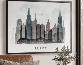 Chicago Print, Wall Art Poster, Illinois Skyline, Travel Gifts, Office Decor