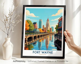 Fort Wayne Travel Print - Indiana, Fort Wayne Poster, Skyline Wall Art, Wall Hanging Cityscape Home or Office Decor, Housewarming Gift