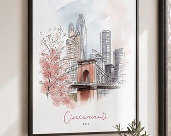Cincinnati Wall Art Gifts, Skyline Art Print Watercolor, Ohio Cityscape Poster