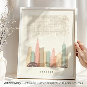 Affiche d'art de la carte de Chicago et de la ligne d'horizon dans des tons pastel | Impressions artistiquesVicky