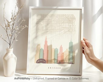 Chicago Map Print & Skyline Art Poster in Pastel Hues | ArtPrintsVicky