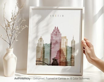 Austin Print - Texas, Poster Skyline, Watercolor Wall Art, City Print, Home and Office Decor, Personalized Travel Gifts | ArtPrintsVicky