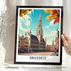 Brussels Belgium Travel Poster – Wall Art Print | Grand Place Illustration | European Architecture Home Decor or Gift