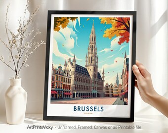 Brussels Belgium Travel Poster – Wall Art Print | Grand Place Illustration | European Architecture Home Decor or Gift