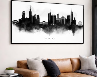 Chicago Skyline Wall Art Print Panoramic Black and White Chicago Poster, Framed, Canvas