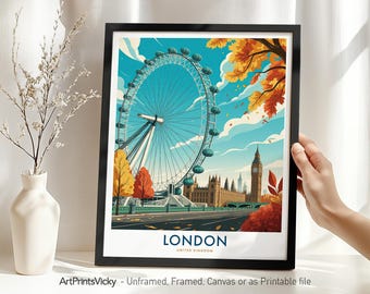 London Travel Poster, London Art Print Skyline, Big Ben & London Eye Art Wall Hangings, Home Office Decor, Housewarming Gift