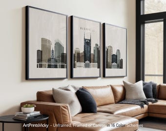 Nashville 3 Piece Wall Art Prints, Nashville Skyline Poster Set | ArtPrintsVicky