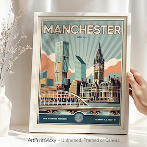 Manchester print | Manchester Poster Wall Art in Retro Style | Travel Gifts | Decor for Home and Office | Personalised Gift | ArtPrintsVicky