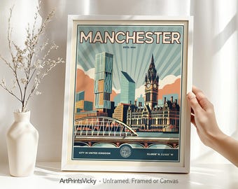 Manchester print | Manchester Poster Wall Art in Retro Style | Travel Gifts | Decor for Home and Office | Personalised Gift | ArtPrintsVicky