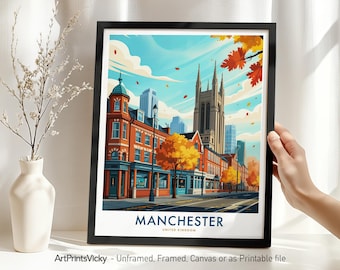 Manchester Travel Print - England, Manchester Poster, Cityscape Wall Art for Home Decor, Wall Hanging, Housewarming Gift