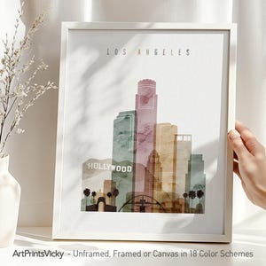 Los Angeles Skyline Watercolor Art Print: Travel Home Decor