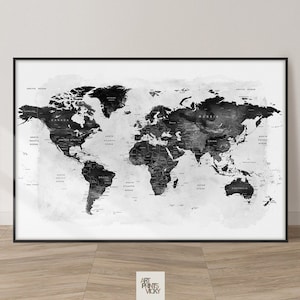 World Map Wall Art Large World Map Poster Detailed Map Canvas Wall Map Print Framed Personalised Map ArtPrintsVicky Black & White