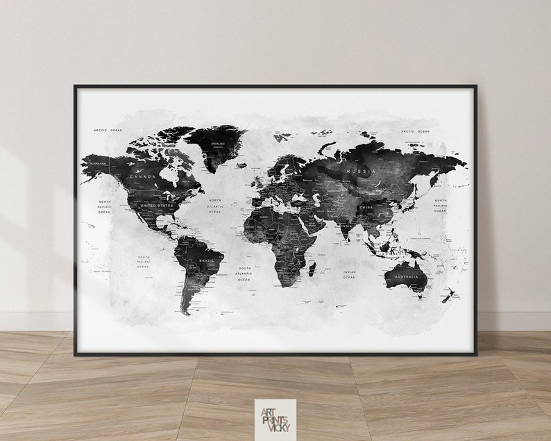 World Map Wall Art Large World Map Poster Detailed Map Canvas Wall Map Print Framed Personalised Map ArtPrintsVicky Black & White