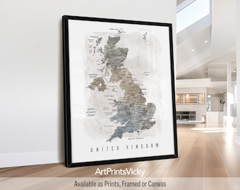 United Kingdom Wall Map Poster | Detailed UK Map Print | British Framed Map | England Map Canvas | Map of England | ArtPrintsVicky